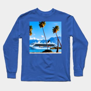 A Cruise Ship Sailing Past A Tropical Island With Mountains In The Background Long Sleeve T-Shirt